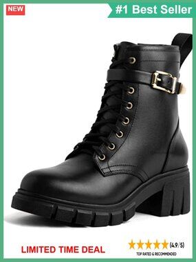 Womens Lace-Up Ankle Boots Full Grain Leather Round Toe Block Heel Work